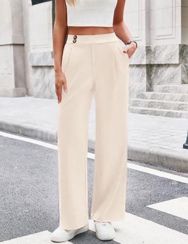 LOOKBOHO Womens Wide Leg Trousers High Elastic Waist Loose Pleated Long Work Pants with Pockets Beige - Thumbnail 3