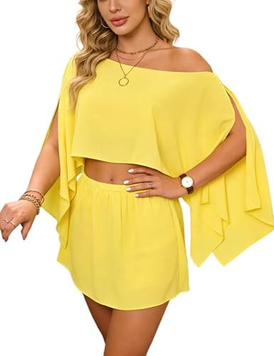 Joyfunear Women's Chiffon Macthing Sets Summer Smock Tops With Tube And Skirts Party Vacation Beach Cruise 3 Piece Outfit Yellow XX-Large - Image 1