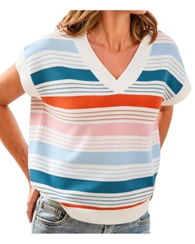 IEEILULU Womens Striped Color Block Sweater Vest Cap Sleeve V Neck Loose Tank Top Summer Sweater Vest Tops Vacation Outfits Blue L - Image 1
