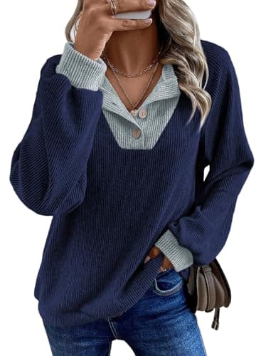 EVALESS Womens Long Sleeve Shirts Fall Fashion Must Haves Clothes Patchwork Button Up V Neck Petite Tops Sweatshirt Business Casual Outfits Navy Blue X-Small - Image 1