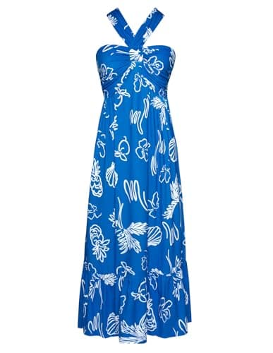 GRACE KARIN Women's 2026 Summer Floral Maxi Dress Criss Cross Halterneck Sleeveless Flowy A Line Boho Beach Vacation Casual Dress Blue Ocean M - Image 1