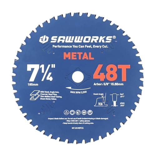 SawWorks 7-1/4 Inch 48T TCG Carbide Circular Saw Blade, Cuts Thin mild Steel and Non-Ferrous Materials, 5/8" Arbor