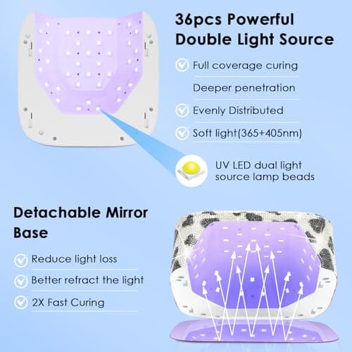 UV LED Nail Lamp Cordless, HUITINE 80W Rechargeable UV Light for Gel Nails with 5 Timers & Mirror Base, Professional Gel Light Dryer, Sparkling Rhinestones Curing Lamp for Salon & Home (Cow Diamond) - Thumbnail 3