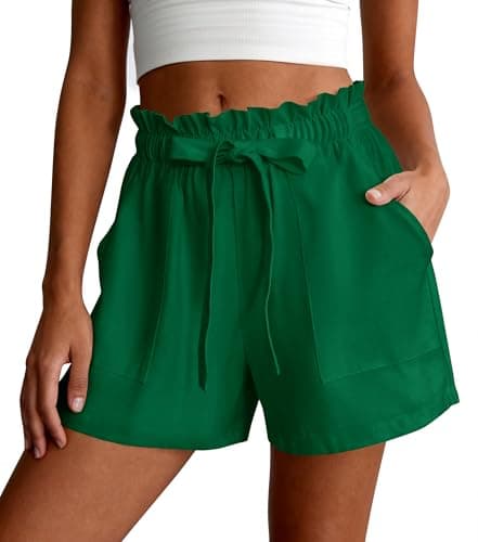 PRETTYGARDEN Summer Shorts for Women Casual Ruffle Drawstring High Waist Wide Leg Comfy Lounge Shorts Beach Vacation Cruise Outfits(Green,M) - Image 1