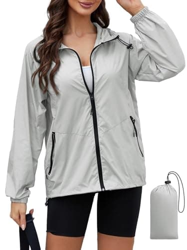PITINAN Summer Jackets for Womens Waterproof Rain Coats with Hood Packable Rain Coats for Women Outdoor Active Windbreaker With Pockets Grey S - Image 1