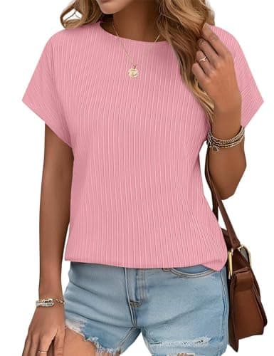 JUSTFASHIONNOW Womens Short Sleeve Tops Business Casual Tops for Women Crew Neck Basic Tees Textured Work Shirts Office Outfits(Pink,XXL) - Thumbnail 2