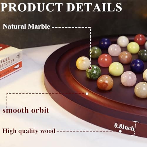 HOROW 15.7 Inches Large Marble Solitaire Board Game Wooden Classic Natural Stone Marbles Solitaire Game Set Containing 36 Colored Natural Stone Marbles Strategy and Smart Games (Red Peach Color) - Thumbnail 2