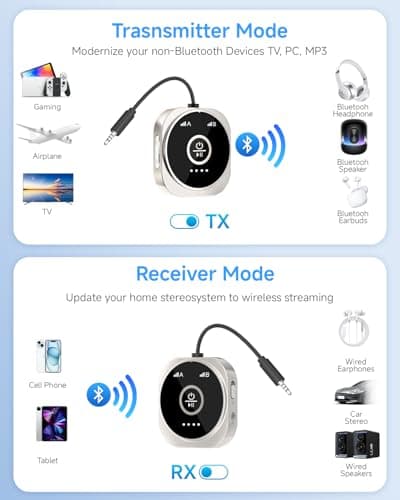 GEYILO Airplane Bluetooth 5.4 Transmitter Receiver with aptX Low Latency,Supports 2 AirPods or Headphones, 24Hr Playtime, 3.5mm AUX Wireless Audio Adapter for Home Stereo, Travel Flight, Home, Gym - Thumbnail 5