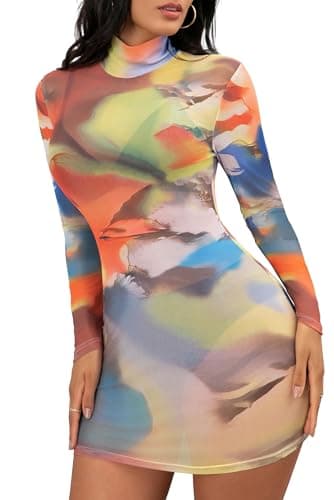 MSVLDR Sexy Long Sleeve Mini Dress for Women Sheer Mesh Printed Crew Neck Bodycon Party Clubwear See Through Dresses Multicolor Medium - Image 1