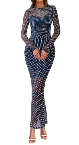 BTFBM Fall Dresses for Women 2026 2 Piece Set Long Sleeve Polka Dot Sexy Bodycon Mesh Dress and Slip Dress Party Wedding(Small Dot Navy White, X-Small) - Thumbnail 4