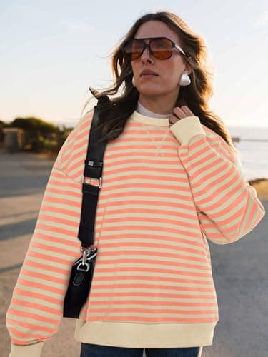 PRETTYGARDEN Womens Oversized Sweatshirt Casual Striped Color Block Long Sleeve Crewneck Pullover Tops Spring Y2k Clothes (Apricot Orange, Medium) - Thumbnail 6