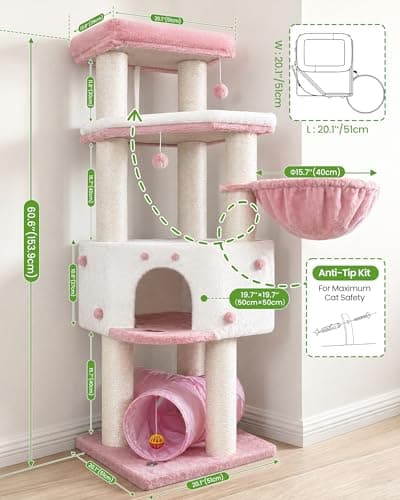 Cat Tree Tower for Large Cats Adult - 60 Inch XXL Sturdy Heavy Duty Extra Wide Scratching Posts (φ4.4in) Condo - Indoor Big Cat House Hammock Perch - XL Wood Multi Level Feline Pet Bed Trees Houses - Thumbnail 6
