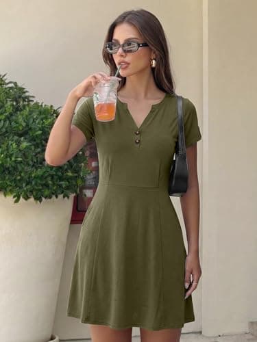 AUMORA Summer Dresses for Women 2026 Casual T Shirt Dress V Neck Short Sleeve with Pockets Loose Beach Vacation Dress Green - Thumbnail 4