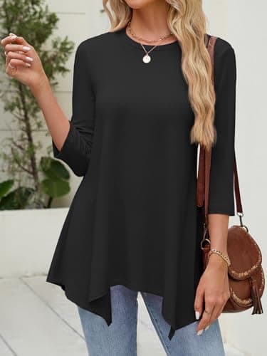 JUSTFASHIONNOW Black Tunic Tops for Women Loose Fit Dressy Casual 3/4 Length Sleeve Womens Fall Tops Asymmetrical Hem Ladies Clothing Outfits（Black，Small - Thumbnail 3