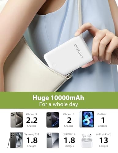 miisso 10000mAh Compatible with iPhone 15/16/17 and Android, Slim Portable Charger with Built in Cable, Power Bank Travel Charger External Battery Pack for Phone, 3 Output USB Type C Cord, White - Thumbnail 4