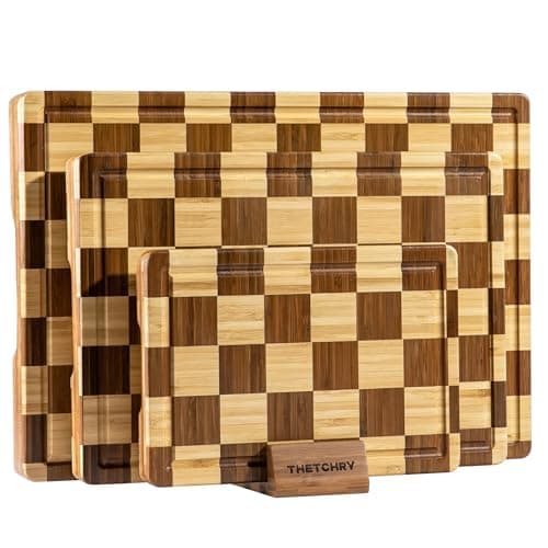 3 Pack Checkered Bamboo Cutting Board Set, Decorative End Grain Thick Wood Cutting Board, Crack-Resistant, Heavy Duty Non-slip Chopping Boards, Aesthetic Serving Trays for Home Decor, Gift - Image 1