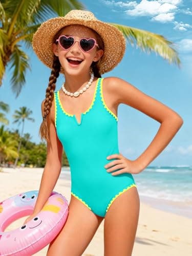 AMAWMW Girls Swimsuit One Piece Swimsuits Contrast Color V-Neck Bathing Suit Adjustable Straps Girls' Swimwear Cyan 11-12Y - Thumbnail 2