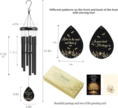 JMsuertes Memorial Sympathy Wind Chimes for Outside Clearance, Dragonfly Wind Chimes for Loss of Loved One Mother Father,Bereavement/Condolence/Remembrance/Memorial/Funeral Gift Idea,32in Wooden,Black - Thumbnail 2