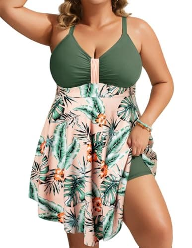 Hanna Nikole Swimsuit for Women Modest Skirted Tummy Control Bathing Suits 1 Piece Swimming Suits Olive Green Flower M - Image 1