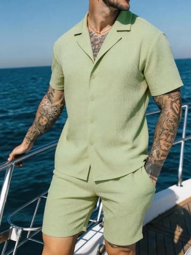 JEMLDL Two Piece Set for Men Textured Button Down Shirt Casual Matching Shorts and Shirt Summer Travel Clothes Light Green XL - Thumbnail 5