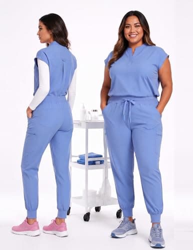 VECARDI Women's Scrub Jogger Pants High Waisted Stretch Nurse Work Bottoms 5 Pockets Elastic Waist Slim Fit Ceil Blue - Thumbnail 4