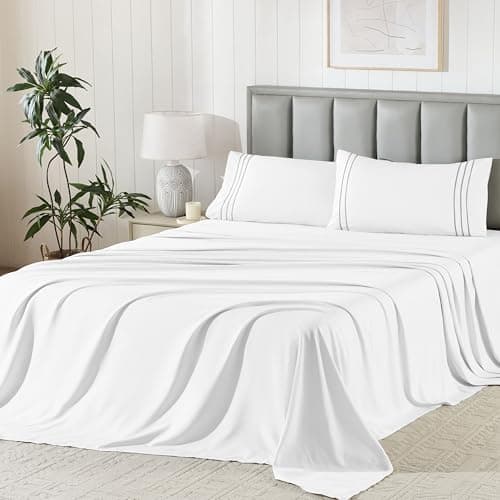 Baskbed Full Size 4 Piece Sheet Set with Embroidered Pillowcases, Ultra-Soft Microfiber Comfy Breathable & Cooling Bed Sheets, Deep Pocket Fitted Sheets and Hotel Luxury Cozy Flat Sheets, White - Thumbnail 3