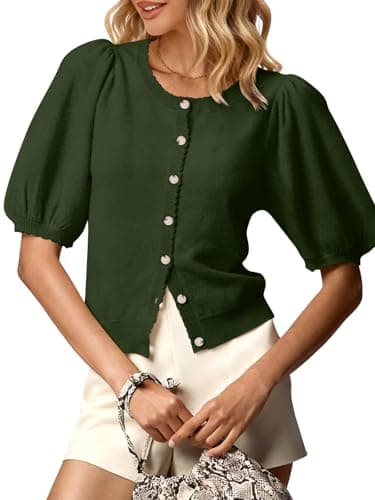 GREAIDEA Womens Puff Short Sleeve Cardigan 2026 Spring Summer Sweater Going Out Tops Business Casual Outfits Work Blouses Clothes Army Green M - Image 1