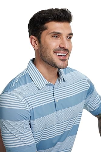M MAELREG Mens Golf Shirt Short Sleeve Quick Dry Striped Lightweight Stretch Athletic Casual Polo Shirts for Men - Thumbnail 3