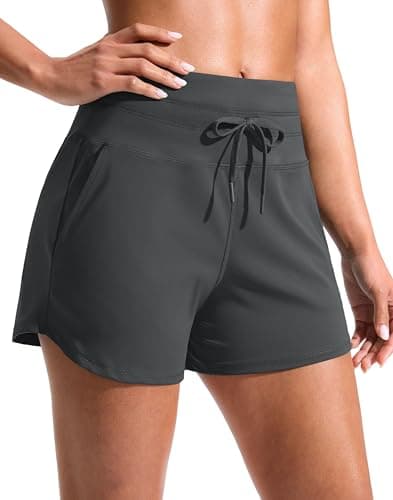 Soothfeel Women's Athletic Running Shorts with Pockets 3.5" Quick Dry High Waisted Workout Active Gym Shorts for Women Dark Grey L