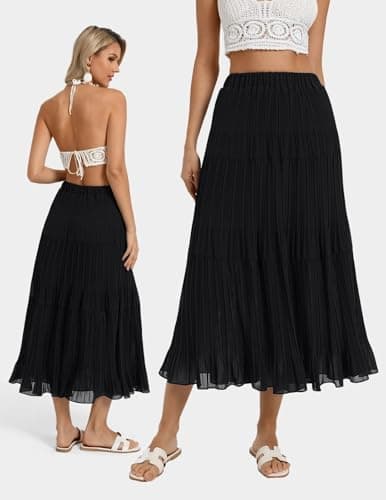 Kate Kasin 2026 Women's Black Chiffon Maxi Skirt, High Waist Pleated Skirts, Summer Flowy Long Skirts with Underskirt - Thumbnail 2