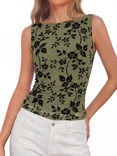 BTFBM Womens Tank Tops 2026 Summer Floral Mesh Sleeveless Boat Neck Slim Fit Shirts Casual Spring Ruched Going Out Top(Army Green, X-Large) - Image 1