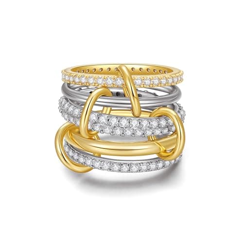 TLY Gold Silver Stackable Rings for Women Mixed Metal Interlocked Statement Ring Stack 14K Gold Plated Cubic Zirconia Fashion Two Tone Connected Bands Size 4-11 Valentines Day Jewelry gifts - Image 1