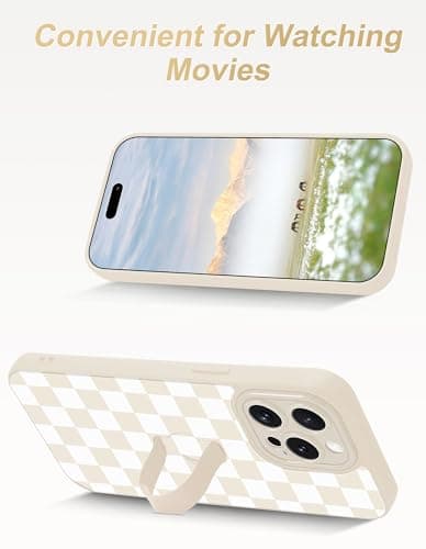 Aitipy Checkered Phone Case Compatible with iPhone 13 Pro, with Finger Hand Strap Kickstand Shockproof Full Camera Protection Soft TPU Protective Cover for Women Girls, Beige Checkerboard - Thumbnail 5