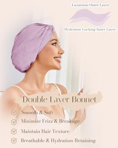 HFRHTGY Adjustable Silk Satin Hair Bonnet for Sleeping Women Hair Wrap, Double Layer Night Turban, Sleep Cap for Natural Curly Straight Unisex - Lavender - Thumbnail 3