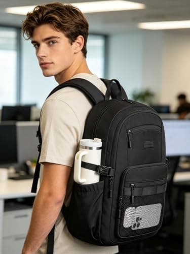 LOVEVOOK Laptop Backpack Women/Men with 40oz Cup Holder Buckle Strap, 15.6 Inch Tech-Ready Work Backpack, TSA-compliant for Travel & College with Versatile Mesh Pocket, Black - Thumbnail 3