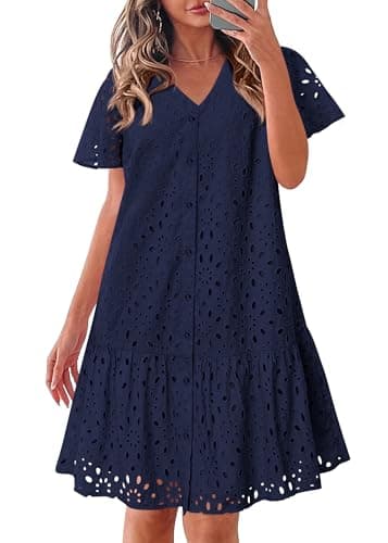 KIRUNDO Eyelet Dresses for Women 2026 Spring Summer Short Sleeve Button Down Loose Mini Babydoll Dress Beach Vacation Clothes(Navy Blue, Small) - Image 1