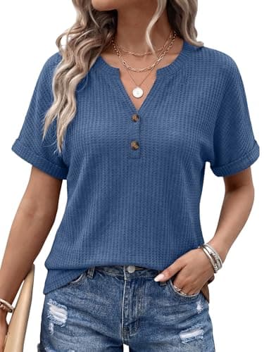 AUMORA Womens Short Sleeve Tops V Neck Casual Waffle Knit Tops Summer Henley Shirts 2026 Trendy Tee Shirts Fashion Clothes Blue - Image 1