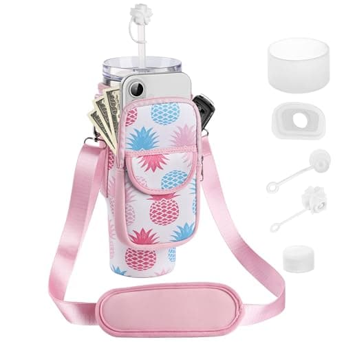 BOCMTR Water Bottle Holder with Strap for Stanley 30/40 oz Tumbler, Fashion Stanley Cup Bag with Big Phone Pocket, Silicone Boot, Straw Cover & Leak Proof Stoppers (Pineapple) - Image 1