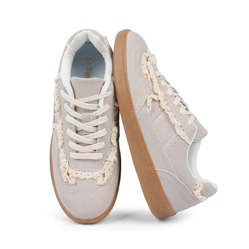 Tigeridea Sneakers for Woemn Beige Lace Flat Beige Lace Fashion Womens Sneakers Dressy Rounded Toe Summer Spring LCE up Tennis Shoes Causal Comfortable Sneakers Size 8.5 - Image 1