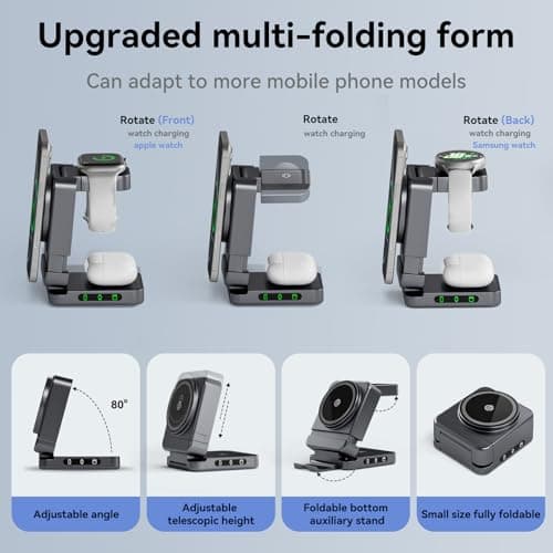 Wireless Charger 3 in 1, Foldable Charging Station for Apple Samsung Multi Devices Charging, Magnetic Charging Stand, Portable Travel Fast 15W Charger Station for iPhone, TWS, iWatch (Dark Gray) - Thumbnail 4
