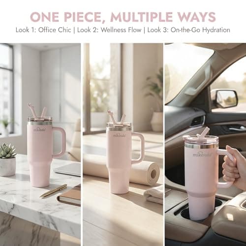 MIKENDA 40oz Insulated Tumbler with Straw | Double Wall Stainless Steel Travel Mug | Leak Proof Lid, 24hr Cold & 12hr Hot | Reusable Water Bottle for Office, Gym, Hiking (light pink) - Thumbnail 4
