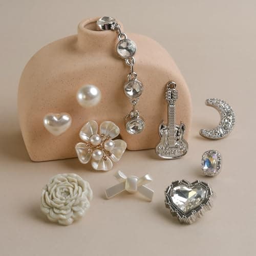 Wenobby 20 Pcs Bling Shoe Decoration Charms for Women Girls, Silver Rhinestone Pearl Gem Bow Heart Flower Guitar Moon Decoration with 2 Diamond Chains Luxury Accessories for Clog Sandals Party Gift - Thumbnail 6
