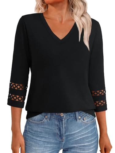 GKBK 3/4 Length Sleeve Womens Tops Dressy Casual Blouses for Women 2026 Trendy Lace Tunic Business V Neck Outfits T Shirts Fall Summer Fashion Clothes Black S - Image 1