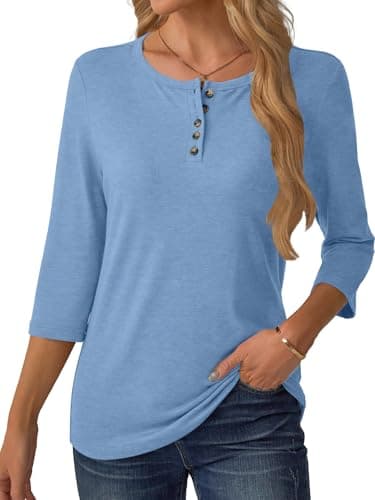 GKBK 3/4 Sleeve Womens Tops Fall Clothes Henley Casual Spring Summer Lightweight Basic Tunic Shirts Blue - Thumbnail 6