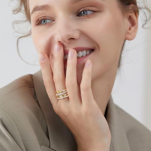 Stackable Rings for Women Statement Rings 18K Gold Plated Interlocking Ring Stack Set Non Tarnish Gold Silver Mixed Metal Cubic Zirconia CZ Connected Band Thumb Ring Size 5-11 Jewelry Gift for Women 6 - Thumbnail 3