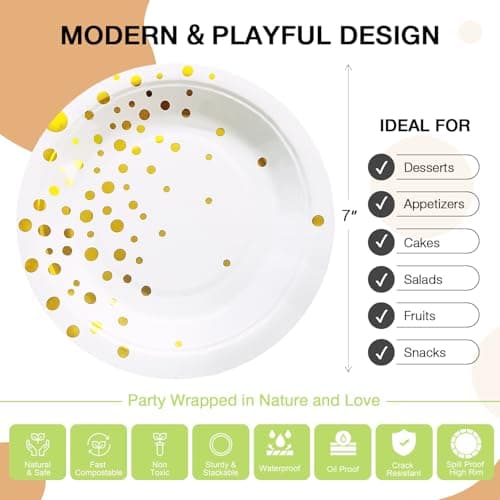100 PCS Disposable Paper Plates for Party Supplies, White and Gold Dessert/Cake Plates, Heavy Duty Gold Plate for Party, Birthday, Graduation, Wedding, Engagement, Baby Shower, All Anniversary (7IN) - Thumbnail 4