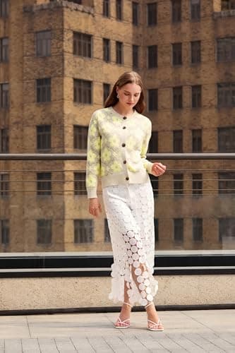 Saodimallsu Womens Light Yellow Flower Pattern Cardigan Sweaters Classic Long Sleeve Open Front Button Up Sweater 2026 - Thumbnail 4