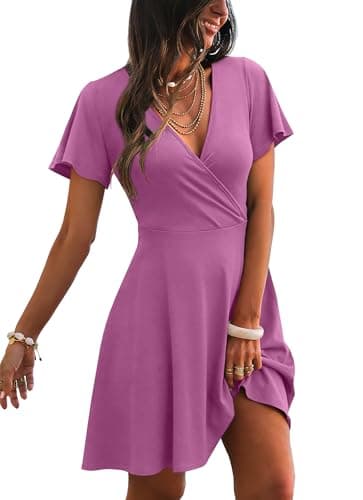 RUMIA Dresses for Women Summer Work Modest Graduation Semi Formal Dress Wrap V Neck Sun Dress Plain Purple S - Image 1