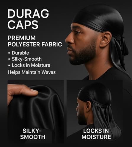 6PCS Silky Durags for Men Wave, Satin Doo Rags for 360, 540, 720 Waves Black - Thumbnail 4