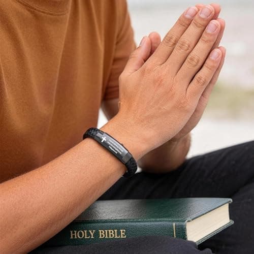 Christian Cross Black Braided Leather Bracelet for Men, Inspirational Mantra Engarved Handmade Braided Bangle Adjustable Cuff Bracelet Motivational Wristband Faith Religious Jewelry Gift for Men, Philippians 4:13 - Thumbnail 2